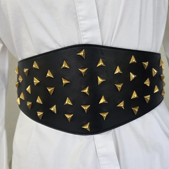 Nwot Saint Laurent Paris Black LeatherBelt w/ Gold Studs Size M Italy